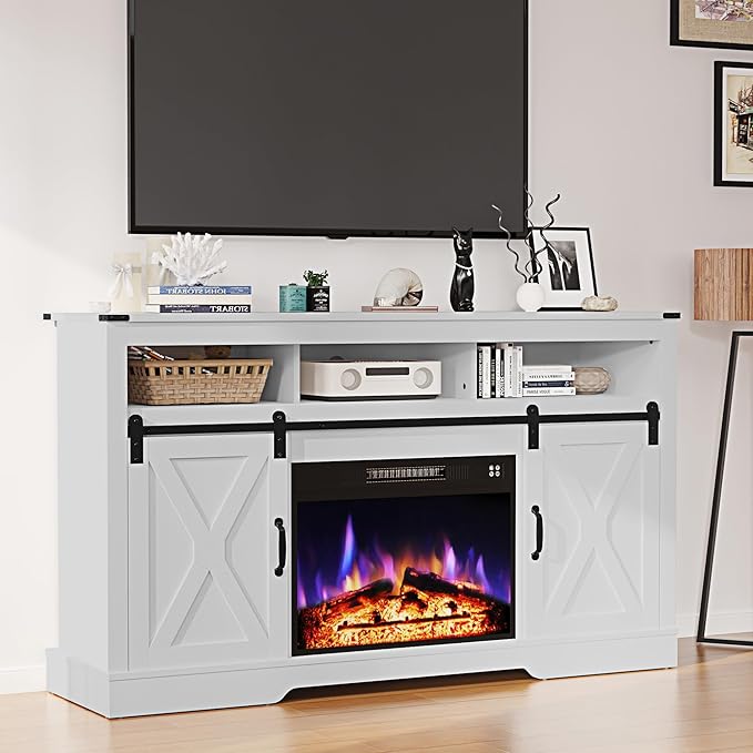 RoyalCraft Fireplace TV Stand for 65+ Inch TV, 34" Tall Farmhouse Entertainment Center with 23" Electric Fireplace,Rustic Media Console with Sliding Bar Door for Living Room, White by Bringyoubetterlife