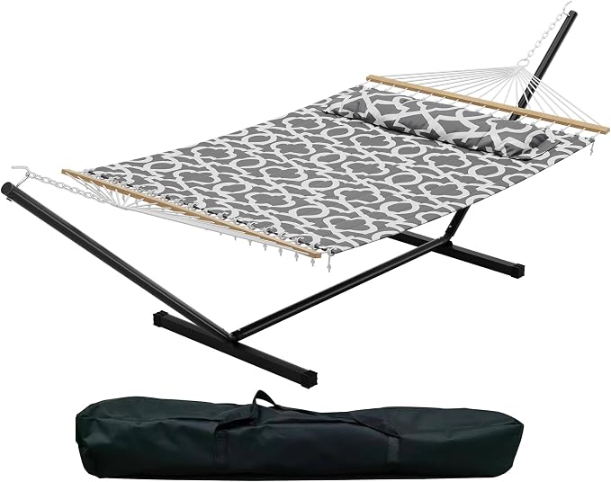 Double Hammock with Stand for 2 Person, Outdoor Freestanding Hammock Bed with 475lb Capacity - Heavy Duty Steel Frame, Quilted Pillow & Portable Carry Bag, Easy Assembly, Light Gray - Image 8