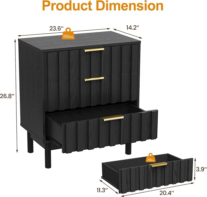RoyalCraft 3 Drawer Nightstand, Modern Fluted Chest of Drawers, Wooden Storage Night Stand Side Table with Chic Edge Pull, Perfect for Bedroom, Living Room, Entryway, Black - Image 2