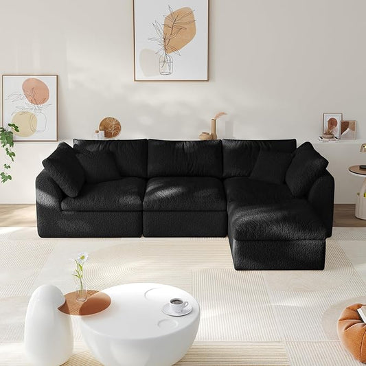 108" Modular Sectional Sofa Boneless Cloud Couch for Living Room, L Shape Deep Seat recliner sofa with Ottoman, Adjustable Backrest & 2 Throw Pillows - Covers Washable, (Black, 3 Seater+1 Ottoman)
