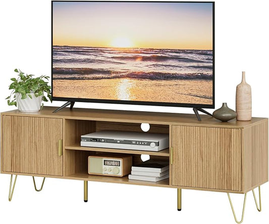 TV Stand for 55-65 Inch TV, Entertainment Center with Soft Hinge Door,TV Console Table with 2 Cabinets with Gold Handle and Feet,for Living Room, Bedroom, Oak by Unknown
