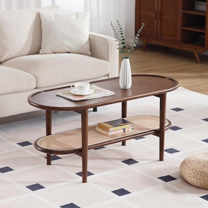 Walnut Rattan Coffee Table, 39.5" Oval Center Table with Storage Shelf, Modern 2-Tier Wood Side Table for Bedroom Small Space