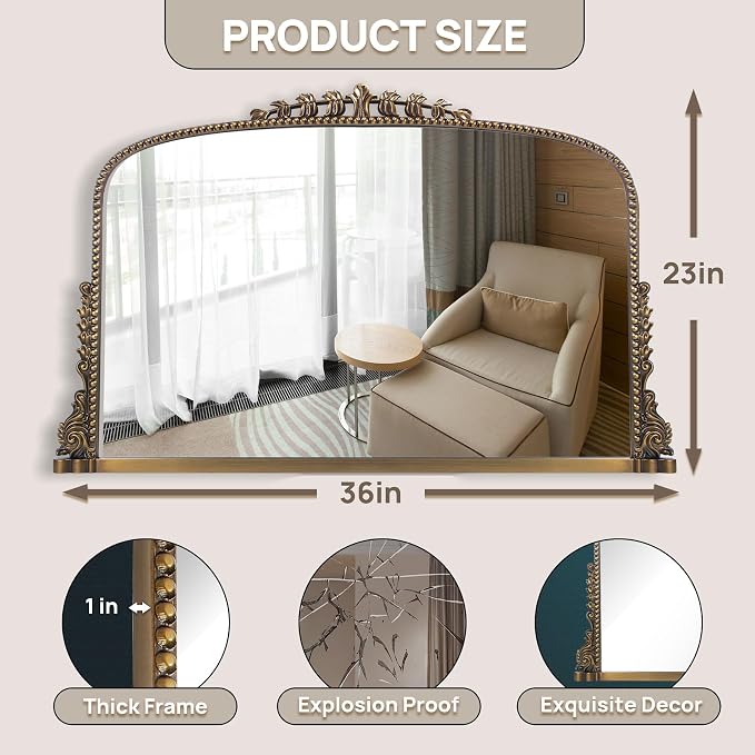 Vintage Baroque Arched Mirror - Traditional Ornate Antique Brass Wood Frame - 36"X23" - Ideal for Entryway, Fireplace, Living Room, Hallway, Bathroom - Image 3