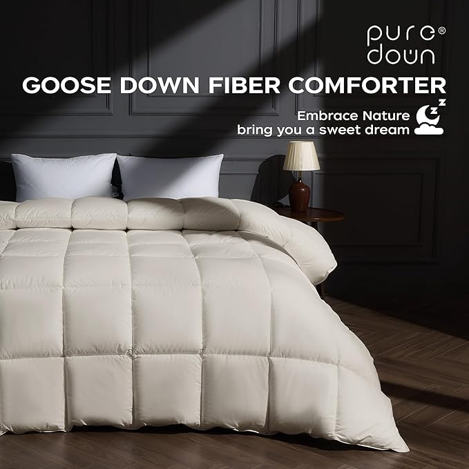puredown® Goose Feather Down Fiber Comforter King Size, All Season 100% Cotton Duvet Insert Medium Warmth, Cloud Soft Hotel Luxury Collection Bedding Comforters Cream 106"x90"