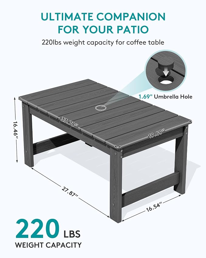 SERWALL Outdoor Coffee Table with 9FT Umbrella, HDPE Patio Coffee Table for Outside, Rectangle, Gray(Not Include Umbrella Base) - Image 3