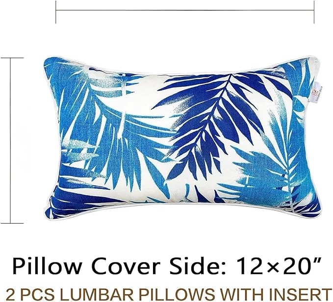 JMGBird Outdoor Pillows Set of 2 with Inserts - 12x20 Waterproof Throw Pillows for Patio Furniture, White Blue Palm Leaf Decorative Cushions