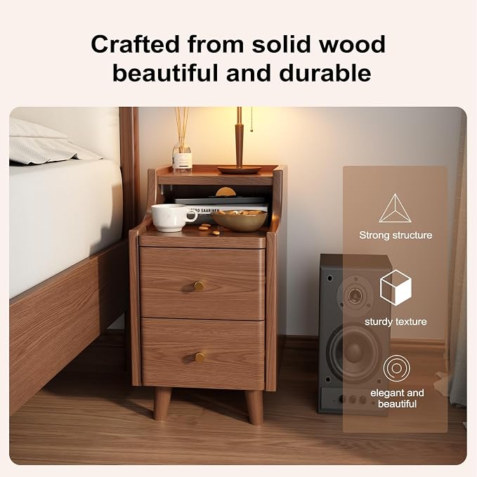 Narrow Nightstand with 2 Drawers,Walnut Nightstand,Bedside Table,Solid Wood Modern Bedside Table for Bedroom,Study,Toilet - Image 3