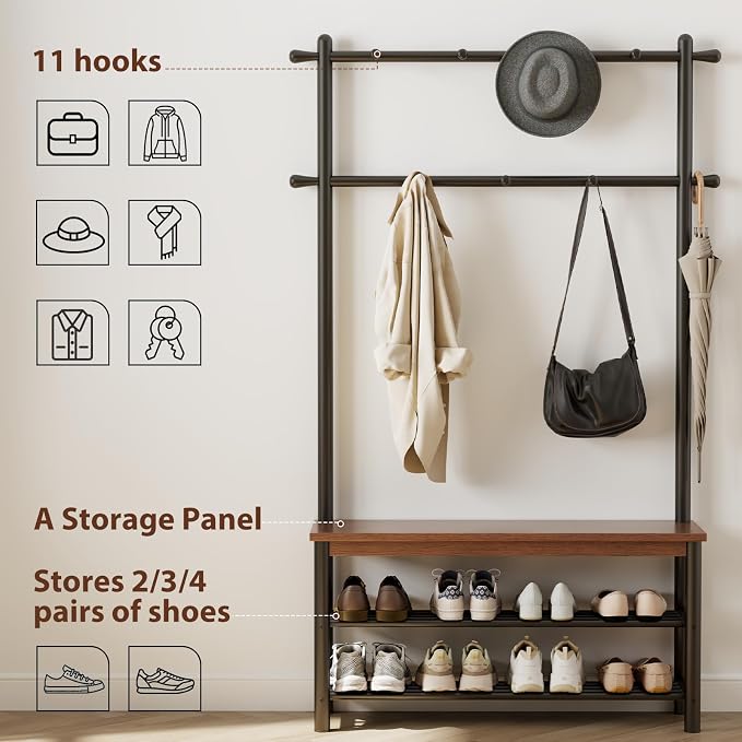 Coat Rack with Shoe Storage, Wood and Metal Frame, Entryway Hall Tree with Bench, Featuring 11 Hooks and 2-Tier Storage Shelves, 3-in-1, Entry Bench with Coat Rack (39.4" Walnut) - Image 4