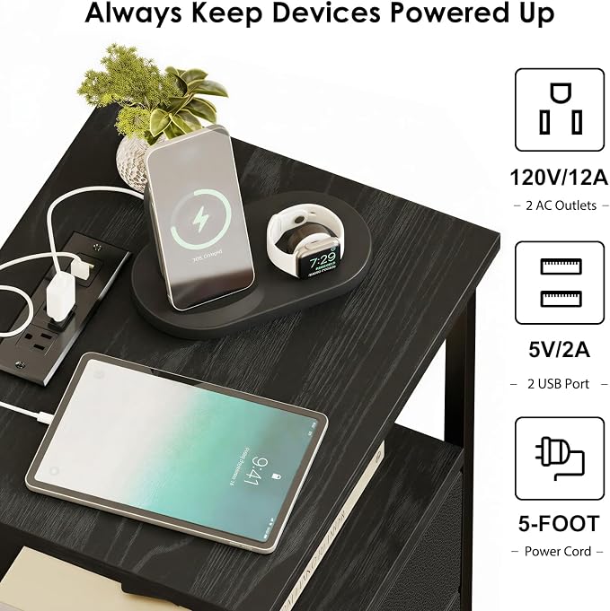 Fixwal Black Night Stand with Charger Station, Nightstand with Charging Station & Fabric Drawers - Image 4