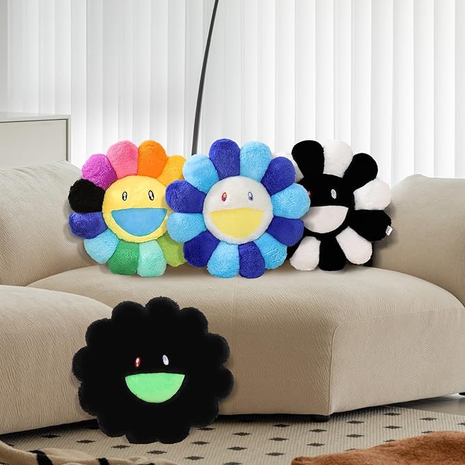 Flower Pillow,Colorful Flower Shaped Throw Pillow,Smiley Face Floor Cushions,Cute Sunflower Plush Pillows, Black Decorative Pillows for Bed,Couch,Sofa,Car (Black,15.7In)