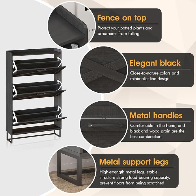 Maupvit Shoe Storage Cabinet with 3 Flip Drawers, Freestanding Organizer with Metal Legs for Entryway, Narrow Shoe Rack Cabinet, Black - Image 4
