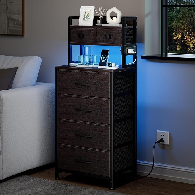 REAHOME 41 Inch Tall Nightstand with Charging Station, LED Night Stand with 6 Fabric Drawers, Bed Side Table with 3-Tier Wood Storage Shelves for Bedroom, Office, Small Spaces, Leather Brown - Image 2