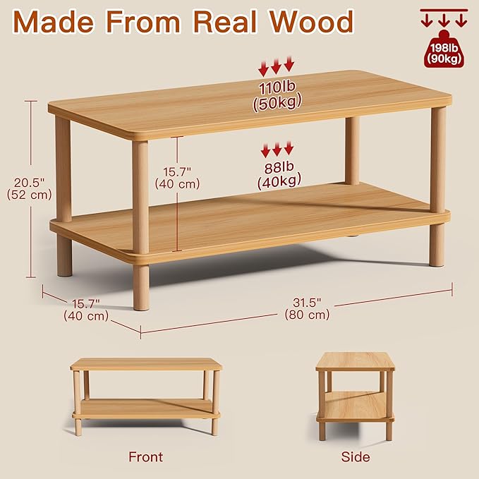 2 Tier Coffee Table Low Table with Solid Wood Legs, Japanese Coffee Table for living Room, Side Table Sofa Table, Floor Table Desk for Sitting on The Floor, Storage Shelf Furniture for Office, Natural