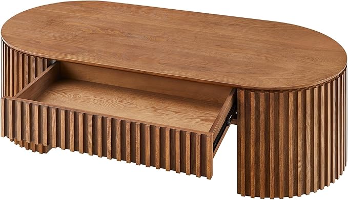 51.18'' Oval Coffee Table for Living Room Fluted Center Table with Drawer, Mid Century Modern Coffee Tables, Easy Assembly for Office Storage Tea Table Brown