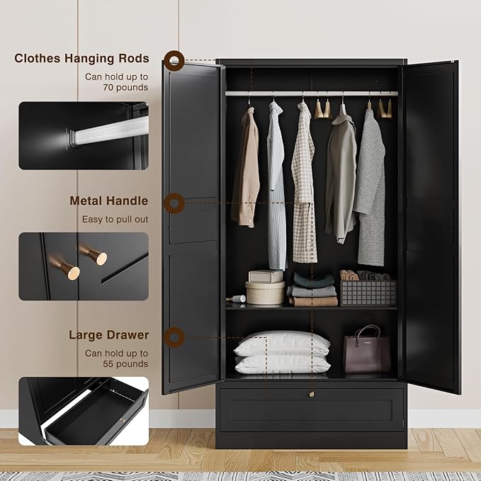 Metal Wardrobe Armoire Wardrobe Closet with Drawers Clothing Locker Steel Wardrobe Cabinet Metal Storage Cabinet 2 Door Closet Cabinet with Hanging Rod for Home Office Bedroom 72" X 36" X 18" Black