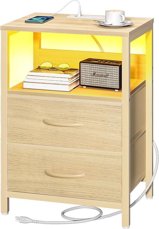 Yoobure Nightstand with Charging Station, LED Night Stand with Fabric Drawers and Storage Shelf for Bedroom, Nightstands Bedside Tables with USB Ports & Outlets, Small Night Stands, Bed Side Table by Yoobure