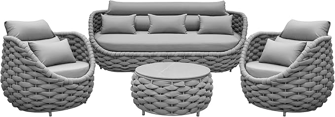 TWT Aluminum Modern Patio Set Three Seater Sofa Outdoor Furniture Set w/Coffee Table,Patio Conversation Set with Hand Woven Teslin Rope for Bedroom Backyard Poolside, Light Grey