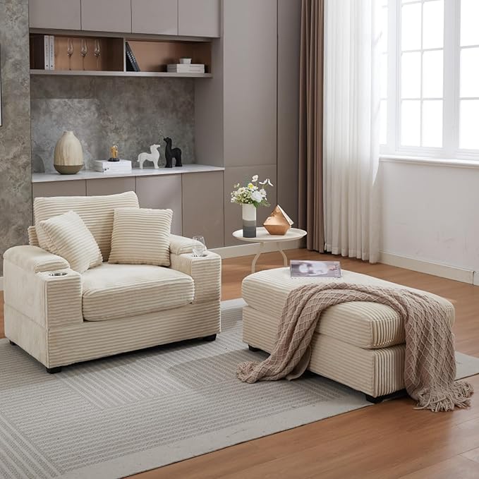 KEIKI Oversized Accent Chair with Ottoman, Chaise Lounge Chair Indoor with Handrail Storage, Cupholders, Oversized Sofa Bed, Deep Seat Sleeper Couch Reading Chairs for Living Room, Beige