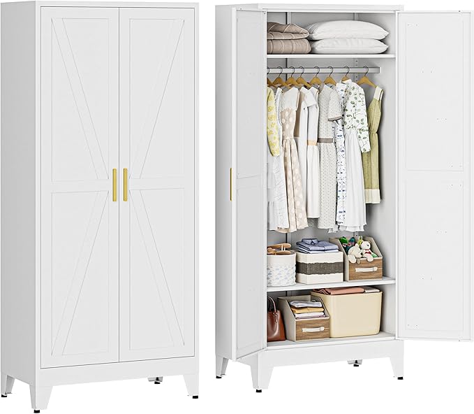 Metal Armoire Wardrobe Closet with Doors and Shelves, 71" Tall Metal Wardrobe Closet with Hanger Rod and Clothing Shelf, White Farmhouse Bedroom Armoire Steel Storage Cabinet for Bedroom