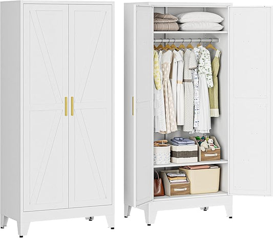 Metal Armoire Wardrobe Closet with Doors and Shelves, 71" Tall Metal Wardrobe Closet with Hanger Rod and Clothing Shelf, White Farmhouse Bedroom Armoire Steel Storage Cabinet for Bedroom