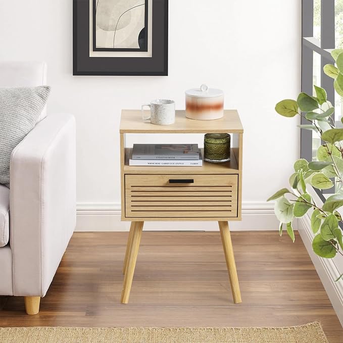 2 Sets Striped Grooved Nightstand with Solid Wood Storage Drawer, Bedside Table for Bedroom Living Room Dorm, 2 Tier Modern Night Stands for Small Space, Minimalist Bed Table (Double Layer, 2 Sets) - Image 7