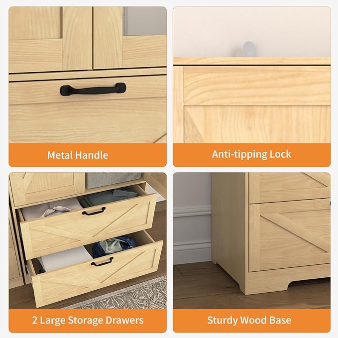 31.5" Natural Wood Finish 2-Door Wardrobe with Mirror, Modern Closet with 2 Drawers, Geometric Design Storage Cabinet for Bedroom