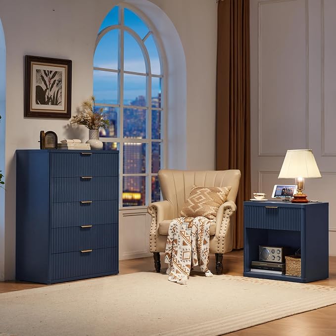 LEYAOYAO Fluted Nightstand with Charging Station, 23" Wide 1 Drawers End Table,Blue Night Stand with Open Storage Cabinet, Farmhouse Bed Side Tables, Wood Dresser for Bedroom, Living Room, Closet - Image 4
