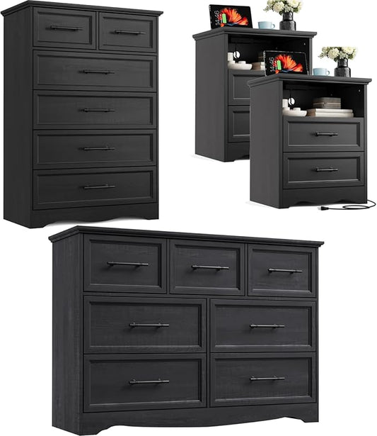 Bedroom Set, 4 Pieces Bedroom Furniture Set, 47" W 7 Drawer Dresser, 44" H 6 Drawer Dresser and Nightstands with Charging Station, Farmhouse Storage Organizer Cabinet for Bedroom, Black