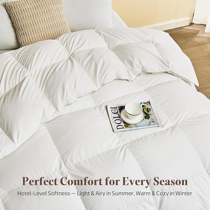Luxury Goose Down Feather Fiber Comforter Full Size - Ultra-Soft Egyptian Cotton Blend Cover, Fluffy High Fill-Power All Season Hotel Duvet Insert(82x86 inch, White)