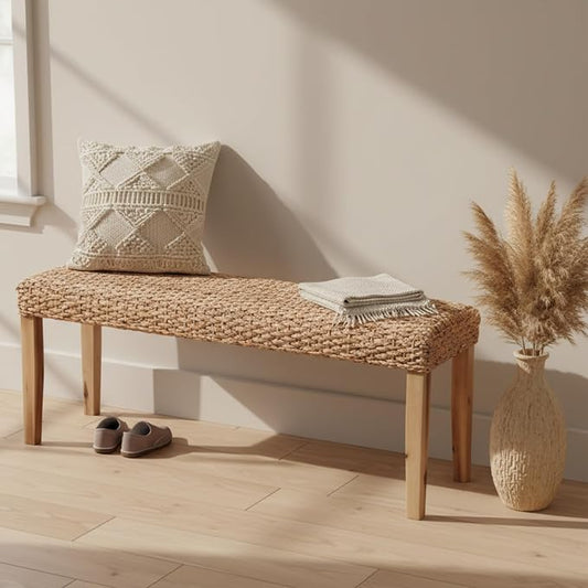 Indoor Bench Wicker for Entryway Bench, Wood Bench for Living Room Dining Bench or End of Bed Bench, 47" Boho Bench with Solid Wood Acacia & Natural Woven Seat, Rustic Farmhouse Rattan Hallway Bench by AVCONNECT