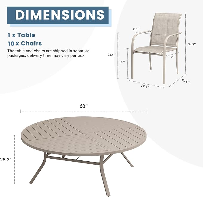 DIFY 11 Pieces Outdoor Patio Dining Set for 10, 63" Round Metal Patio Table and 10 Stackable Textilene Patio Chairs, Outdoor Table and Chairs for Backyard Garden Poolside, Sandshell - Image 8