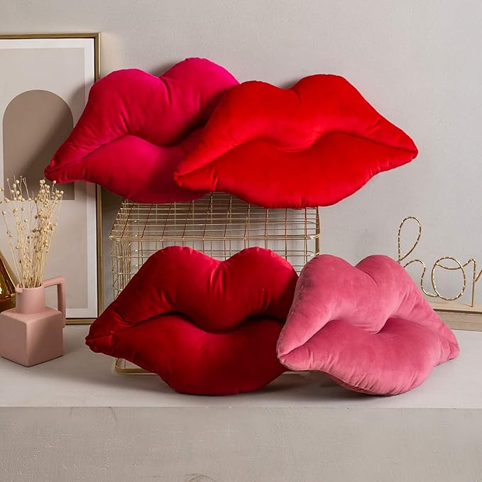 Ashler Lips Throw Pillows Smooth Soft Velvet Insert Included Cushion for Couch Bed Living Room, Pink, 24 X 12 inches