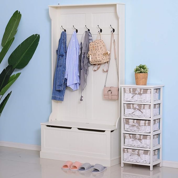 HOMCOM Hall Tree with Bench and Shoe Storage, 3-in-1 Entryway Bench with Coat Rack, 5 Hooks and Flip Top Storage Compartment, Cream White - Image 2