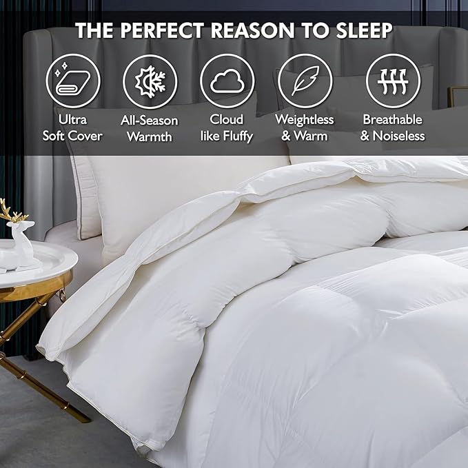 Luxurious White Solid Heavy Weight, Oversize Queen Goose Feathers Down Comforter for Winter Weather Duvet Insert, Premium Baffle Box, 100% Egyptian Cotton Cover, 70 oz. Fill Weight