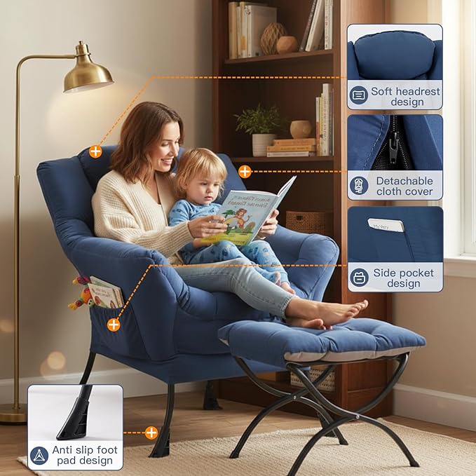 Lazy Chair with Ottoman, Reading Chair with a Pillow, Leisure Sofa Armchair with Ottoman, Large Accent Chair for Bedroom, Living Room, Dorm Room, Peach Royal Blue