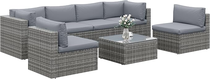7 Piece Patio Furniture Sets All Weather Gery PE Wicker Couch Sofa with Glass Table, Removable Grey Cushions