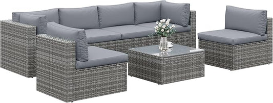 7 Piece Patio Furniture Sets All Weather Gery PE Wicker Couch Sofa with Glass Table, Removable Grey Cushions