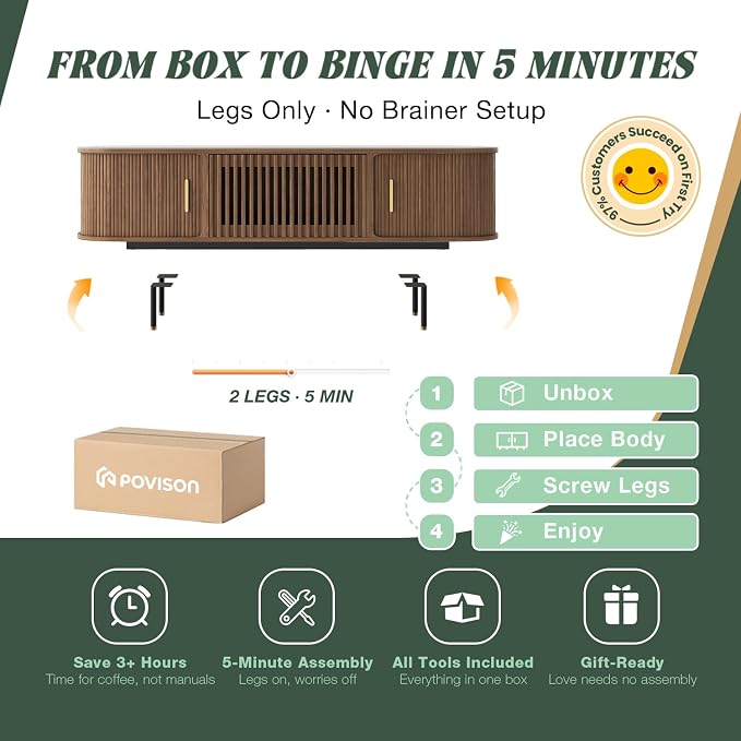 POVISON Fully-Assembled Sliding Tambour Door TV Stand, Mid Century Modern Sintered Stone TV Console, Wood Media Console for 70 Inch TV, Entertainment Center with Storage Cabinet(Walnut, 70.87") - Image 2