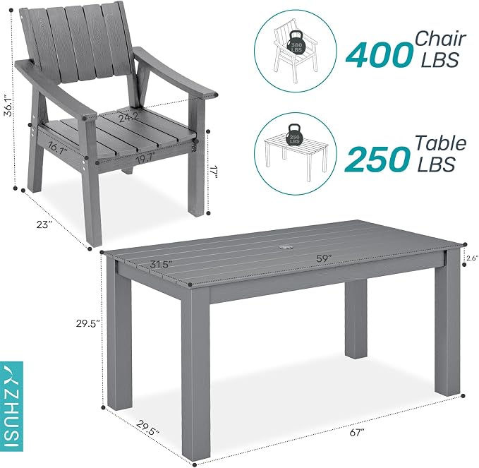 ZHUSI Patio Table and Chairs Set,HDPE Outdoor Dining Set with Umbrella Hole for Backyard, Poolside, Porch,All Weather,Grey - Image 2