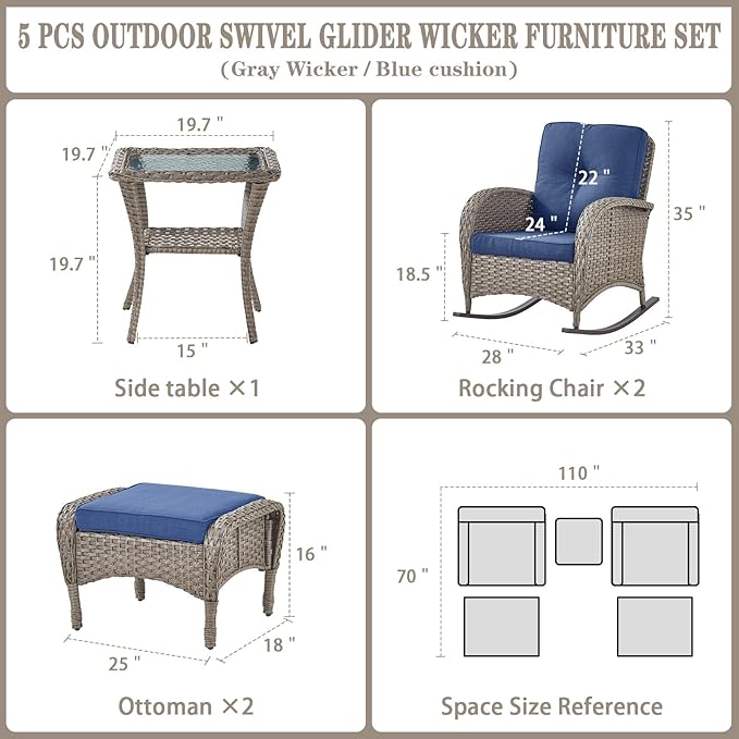 Belord 5 Piece Patio Rocking Chairs Furniture Set - Outdoor Wicker Furniture with Ottomans and Side Table, Rattan Conversation Bistro Set for Porch Deck Balcony