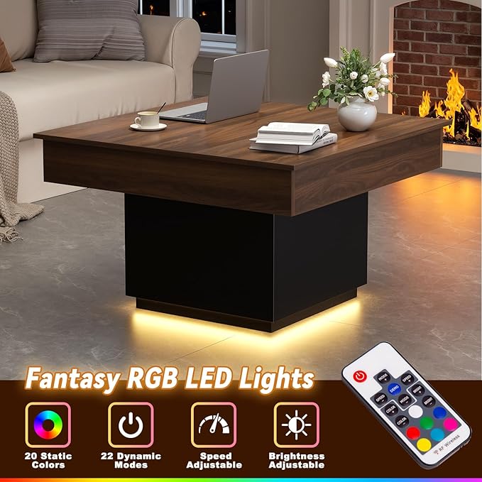 FABATO Lift Top Coffee Table with LED Light and Charging Station, 31.5 Inch Square Coffee Table with Hidden Storage, Modern Farmhouse Center Table for Living Room, Reception Dinning Room,Black