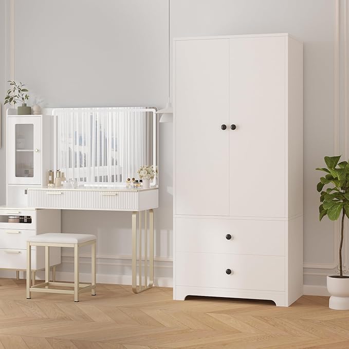 TROPOW Wood Armoire Wardrobe Closet, 71" Wood Clothing Storage Cabinets with 2 Doors, 1 Adjustable Shelf and 2 Drawers, Wardrobe Cabinet with Hanging Rod for Bedroom, Gym, Cloak Room, White