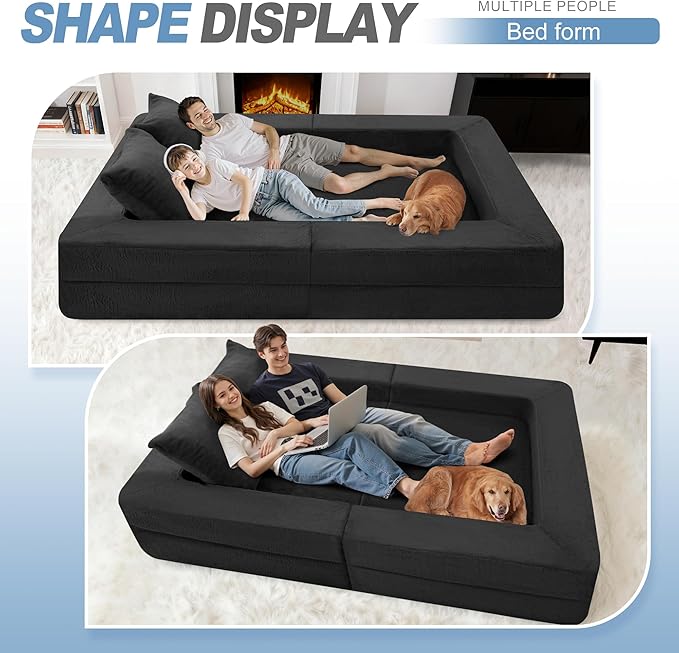 Futon Sofa Bed with Pillow, 3-in-1 Sleeper Sofa Bed with Removable Cover, Convertible Floor Sofa Bed, No Assembly Boneless Couch for Living Room, Bedroom