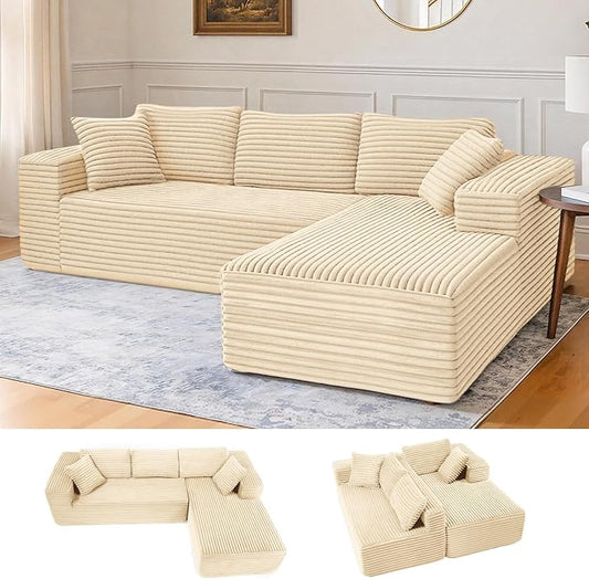 LUCKLIFE Modular Sectional Couch with L-Shape Chaise,Corduroy Upholstery Boneless Couches for Living Room,Oversized Sleeper Sofa,No Assembly Required (Beige, L Shape with Right Facing Chaise)