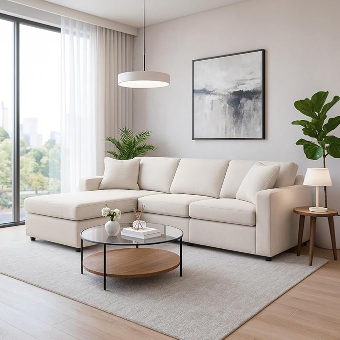 Signature Design by Ashley Modmax Coastal L-Shaped Modular Stain Resistant 3-Piece Sectional with Chaise, Reversible Cushions and 2 Accent Pillows, Beige