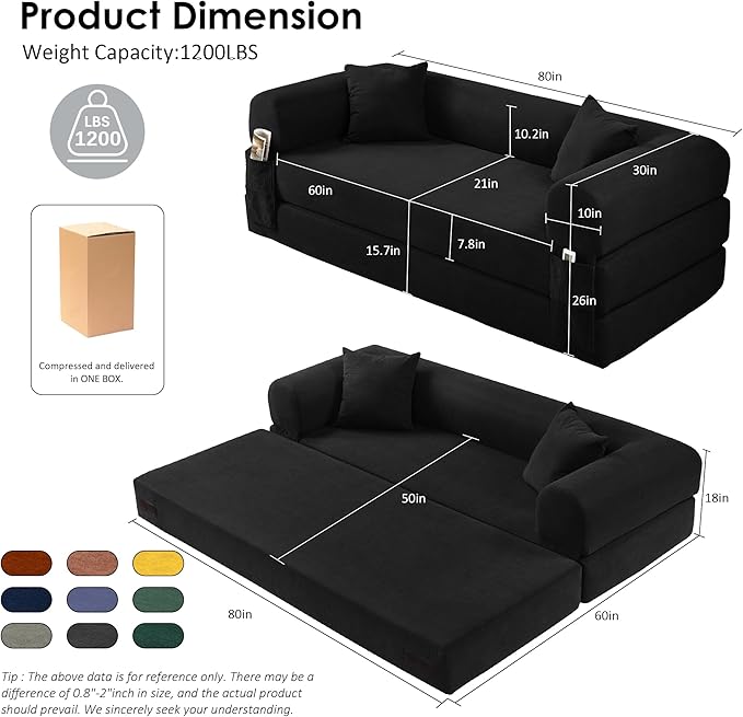 80" Convertible Sofa Bed, 3-in-1 Corduroy Folding Pull Out Couch with Pillows, No Assembly Modern Boneless Couch Compression Sofa in Box, Floor Sofa with Side Storage for Living Room,Black
