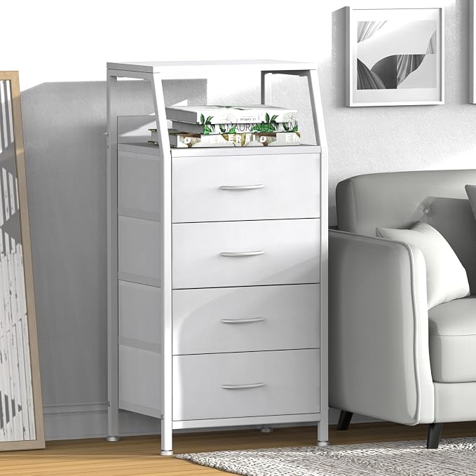 White Dresser for Bedroom, Storage Organizer with 4 Drawers, Vertical Fabric Storage Stand, Nightstand Bedside Table, Sturdy Steel Frame & Wooden Top - Image 2
