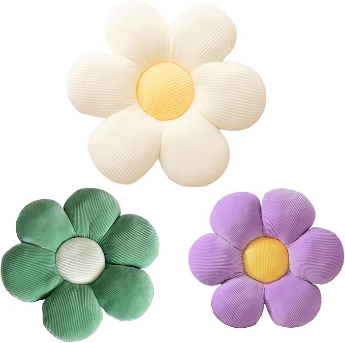 3Pcs Flower Pillow - Flower Shaped Throw Pillow Seating Cushion, Cute Daisy Flower Pillow Floor Pillows for Adults Kids Home Bedroom Sofa Chair Couch Decor (White/Green/Purple, 15.74 in+19.68 in)