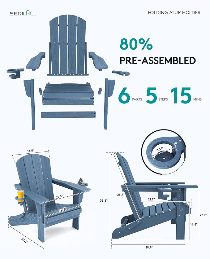 SERWALL Folding Adirondack Chair, HDPE Adirondack Chairs, Plastic Outdoor Chairs- Looks Exactly Like Real Wood- Navy - Image 3