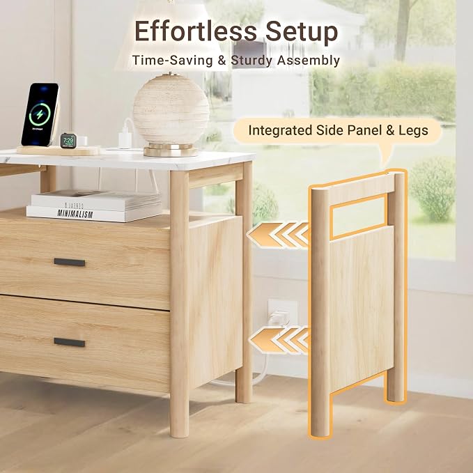 Night Stand Set 2, 23" Nightstands Set of 2, Modern Nightstand with Charging Station & Faux Marble Top, 2 Drawer End Table with Solid Round Post Legs, Bedside Table for Bedroom, Natural Oak - Image 4